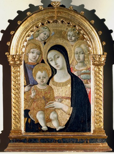 Jungfru med Jesus barn, Sankt Mikael, Sankta Maria Magdalena (målning på trä av Matteo di Giovanni di Bartolo