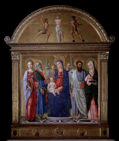 Jungfru med barn och St Bartholomew, St Catherine, St Lucy och St Matthew - Altartavla av Matteo di Giovanni di Bartolo