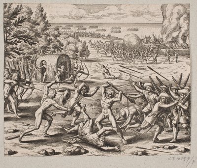 Så snart de anlände till vildarnas bosättning, såg herr Saint. John 300 Karibien av Matthäus Merian d.Æ.