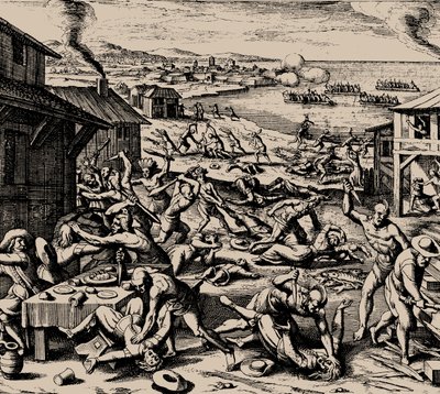 Powhatan attack den 22 mars 1622, 1628. av Matthaus the Elder Merian