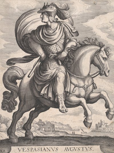 Kejsar Vespasianus till häst, från serien De första tolv romerska kejsarna, tavla 1..., 1610-50. av Matthaus Merian