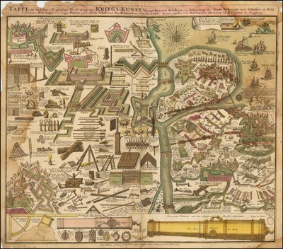 1720 års allegoriska karta av Seutter som visar krigskonsten till lands och till sjöss av Matthäus Seutter