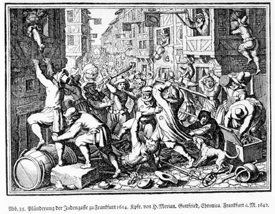 Plundrar den judiska gränden under Fettmilch-kravallerna i Frankfurt den 22 augusti av Matthaus the Elder (after) Merian