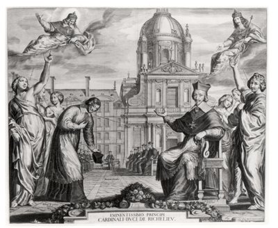 Robert de Sorbon (1201-94) och kardinal Richelieu (1575-1642) framför Sorbonne, graverade av Gregoire Huret (1606-70) 1639 av Matthaus the Elder Merian