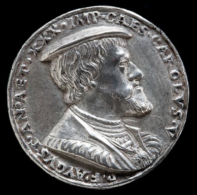Karl V, 1500-1558, kung av Spanien 1516-1556, helige romerske kejsare 1519 [framsidan], 1530. av Matthes Gebel