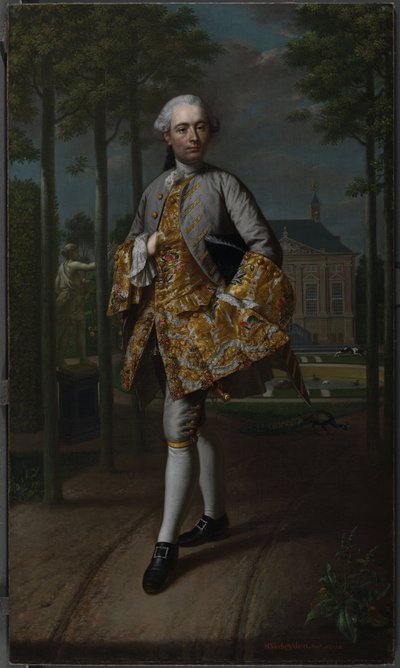 Porträtt av Gerard Cornelis van Riebeeck Gerard Cornelis van Riebeeck (1722-1759), sekreterare i Delft, antagligen stående framför sitt lanthus Essensteyn i Voorburg av Mattheus Verheyden