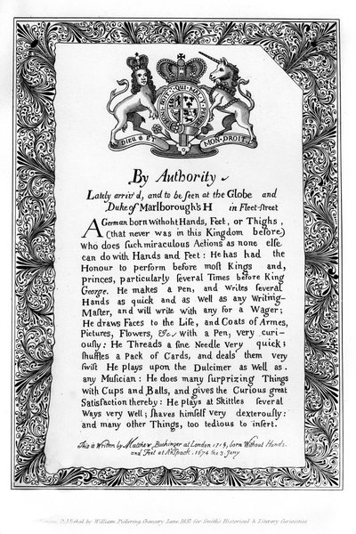 Kalligrafisk utställningsräkning av Matthew Buchinger, Dwarf of Nurnburg, 1717, 1840 av Matthew Buchinger