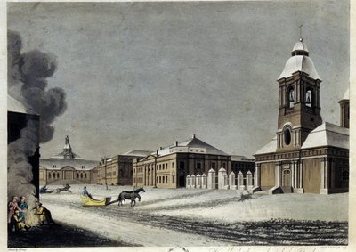 Arsenalen och kanongjuteriet i Sankt Petersburg. (Arsenalet och kanongjuteriet i Petersburg). Beskrivning av byggnader mitt i vintern, med slädar som glider på snön och en grupp individer som värmer sig runt en eld. Arbete av av Matthew Dubourg