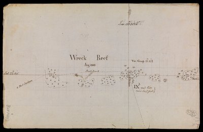 Grovt skissad karta över "Wreck Reef" 1803 från en samling tekniska memoranda och korrespondens från amiralitetet av Matthew Flinders