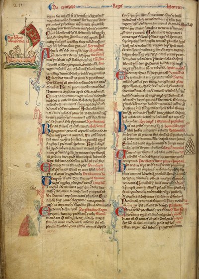 Royal 14 C. VII, f.116v Marginalteckning av kung Henrik III som seglar över Engelska kanalen till Bretagne, med en del av den tillhörande texten i författarens egen hand, illustration från 