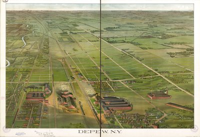 Fågelperspektiv. Orienterad med norr till höger. LC Panoramic maps (2nd ed.), 555.1 Tillgänglig även via Library of Congresss webbplats som en rasterbild. LC-kopia kommenterad med bläck. Stämplad på: Compliments Depew Improvement Co.; S. Jay Ohart, advokat av Matthews-Northrup Company