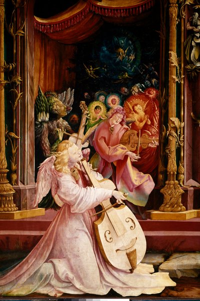 Altartavla av Issenheim (eller Isenheim): "" La Nativite"" Detalj av konserten med Angels-musiker. Ängeln i mitten spelar gambaviol. Paneler av Mathis Neithardt Gothardt dit Matthias Grunewald (1480-1528) (ec.all.) 1512-1516 Dim. 265x304 cm Kol av Matthias (c.1480 1528) Grunewald