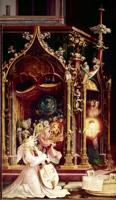 Konsert av änglar musiker, i Födelsekyrkan, detalj. Issenheims altartavla (olja på panel av Matthias (c.1480 1528) Grunewald