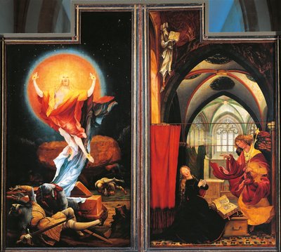 The Annunciation and Resurrection of Christ, detalj från Isenheim-altartavlan, ca 1512-16 (olja på panel) av Matthias (c.1480 1528) Grunewald