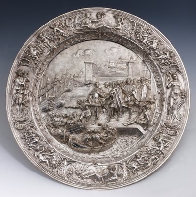 Silverplatta föreställande Christofer Columbus avfärd (smält silver, präglat och mejslat) av Matthias Melijn