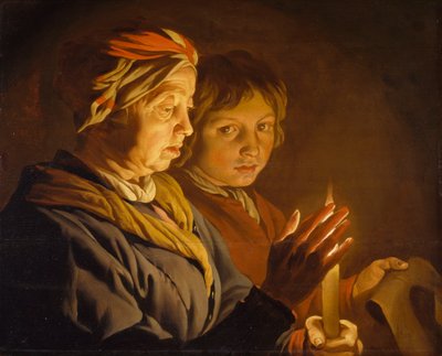 Gammal kvinna och en pojke vid levande ljus, 1630-1650 av Matthias Stomer