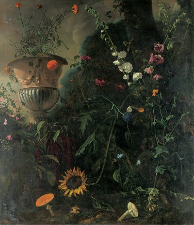 Stokrosor, rosor, en blåspetsblomma, solros och paddsvampar, med ringblommor i en urna vid ett träd av Matthias Withoos