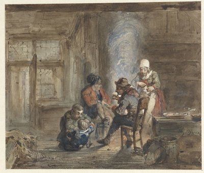 Interiör med en familj runt en öppen spis av Matthijs Maris