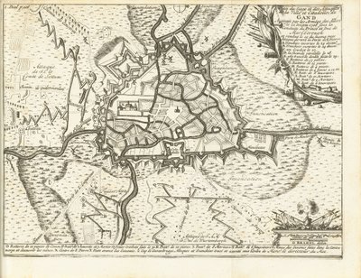 Beleg van Gent, 1708 Karta över belägringen och attackerna av staden och citadellet i Gent som belägrades av de allierades arméer den 22 december 1708 under ledning av prinsen och hertigen av Marlborough (titel på objektet) av Matthijs Pool (possibly)