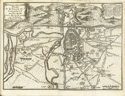 Beleg van Turijn, 1706 Plan över staden och citadellet i Turin, eftersom de belägrades av fransmännen (titel på objekt) av Matthijs Pool (possibly)