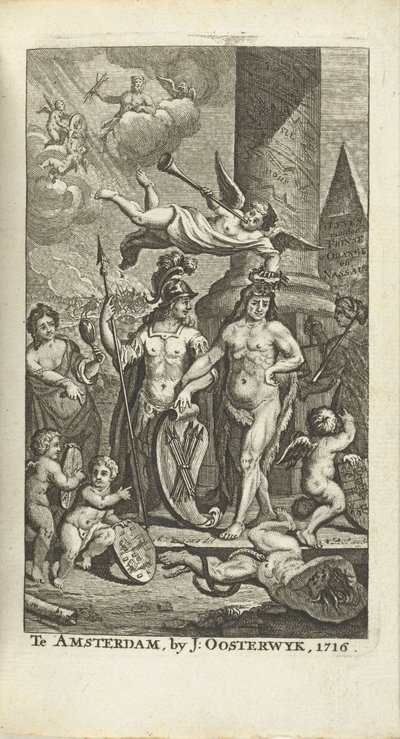 Graverad titelsida för JE. Lamigue: The Life of His Highness Johan Willem Friso, 1716 av Matthijs Pool