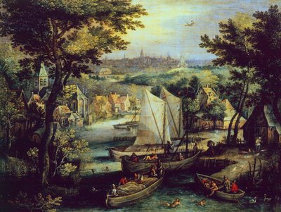 Flodlandskap, av Mathys Bril Younger (1550-1583), olja på koppar av Matthijs the younger Bril