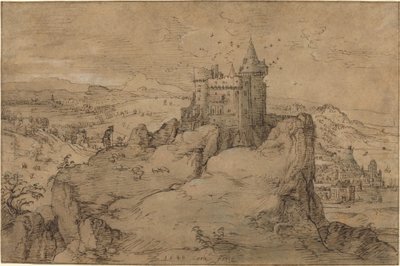 Landskap med slott ovanför en hamn av Matthys Cock