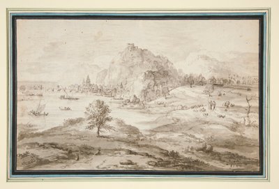 Bergigt landskap med hamn och stad av Matthys Cock