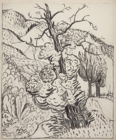 Träd på bergssluttning, ca 1930 (pensel, bläck  kol på benvitt papper) av Maud Hunt Squire