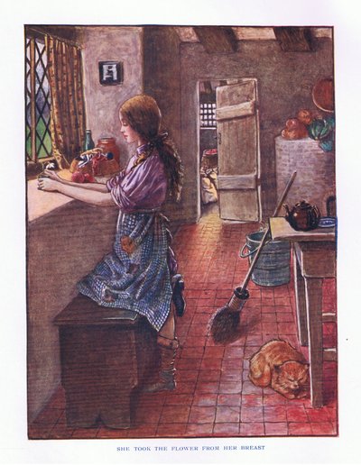 Hon tog blomman från sitt bröst, illustration från Lady And Fairy Tales, 1914 av Maud Tindal Atkinson