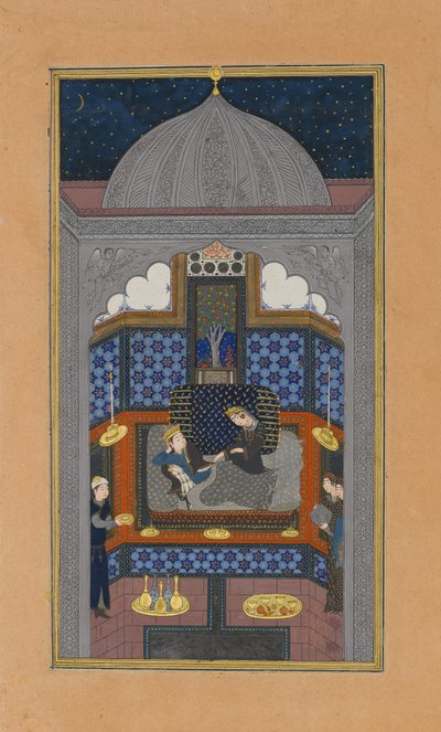 Bahram Gur och den indiska prinsessan i det mörka palatset på lördag, Folio 23v..., ca. 1430. av Maulana Azhar