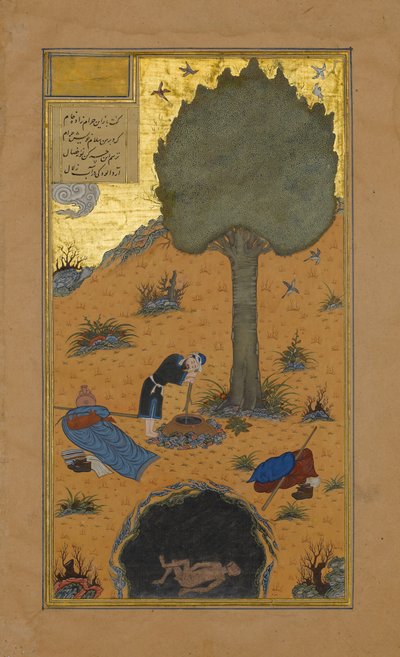 Hur en skrytare dränktes i en brunn, Folio 33v från en Haft Paikar..., ca. 1430. av Maulana Azhar