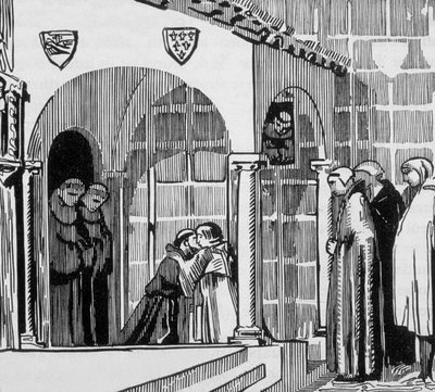 Franske kungen Saint Louis (Louis IX 1214-1270) som pilgrim på besök i Saint Frere Gilles i Perugia, graverad av Jacques Beltrand efter teckning av Maurice Denis av Maurice (after) Denis