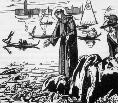 Den helige Franciskus av Assisi predikar för fiskarna i Rimini, graverad av Jacques Beltrand efter teckning av Maurice Denis av Maurice (after) Denis