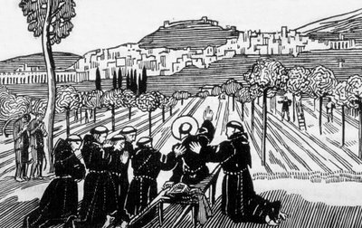 St Francis av Assisis död som välsignar staden Assisi, graverad av Jacques Beltrand efter teckning av Maurice Denis av Maurice (after) Denis