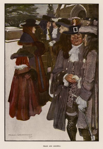 Utbyte julhälsningar utanför en kyrka (färg litho) av Maurice (after) Greiffenhagen