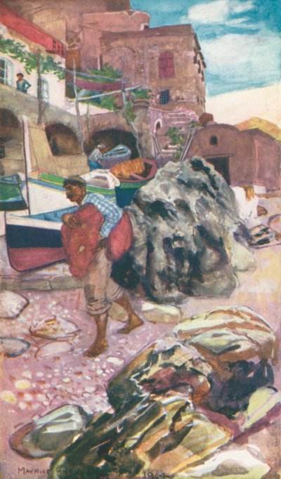 På Piccola Marina, Capri (färglitografi) av Maurice (after) Greiffenhagen