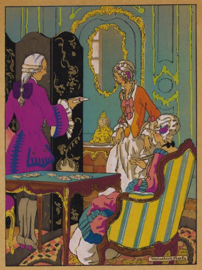 Illustration för historia av Manon Lescaut (färg litho) av Maurice Berty
