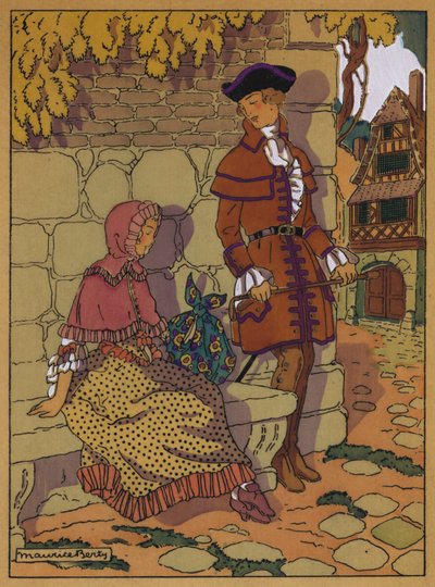 Illustration för historia av Manon Lescaut (färg litho) av Maurice Berty