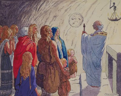 Gallernas religiösa omvändelse, ca 1920-29 (penna & bläck och akvarell på papper) av Maurice Berty