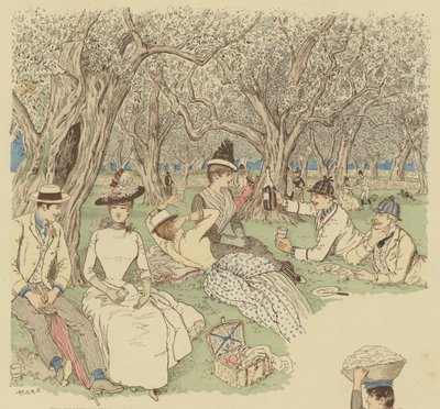 En picknick under olivträden i Beaulieu i södra Frankrike (färg litho) av Maurice Charles Mathieu Bonvoisin