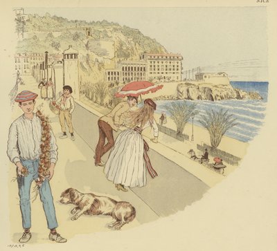 En lökförsäljare med sina varor och människor som njuter av terrassen som leder upp till berget Rauba-Capeu, Nice (färg litho) av Maurice Charles Mathieu Bonvoisin