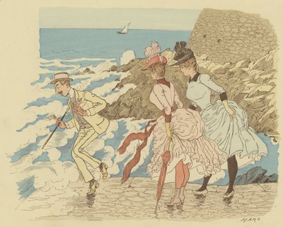 Stående på bryggan vid La Condamine i Monte Carlo; Monaco. (färg litho) av Maurice Charles Mathieu Bonvoisin