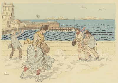 Mistral som gör en blåsig dag på Promenade de la Corniche, Marseille, Frankrike (färglitografi) av Maurice Charles Mathieu Bonvoisin