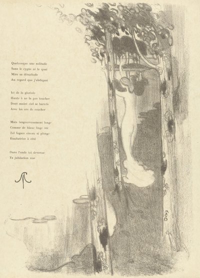 Illustration med stående naken kvinna mellan träd vid en sjö med dikten Petit Air av Stéphane Mallarmé Illustration för sonetten Petit Air av Stéphane Mallarmé L