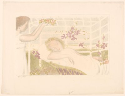 Sovande flicka får blomsterkrans Allegori (titel på objekt) Representationer av kärlek (serietitel) Amour (serietitel) av Maurice Denis
