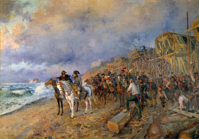 Förste konsuln Napoleon Bonaparte (1769-1821) besöker arsenalen av Boulognemålning av Maurice Orange (1868-1916) 1804 (sön: 214x304 cm) Paris, Musee de l