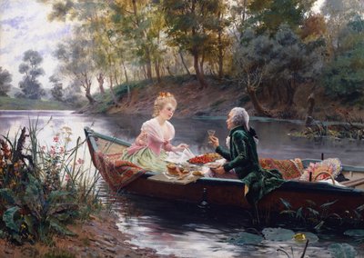 En romantisk lunch (olja på panel) av Maurice Leloir