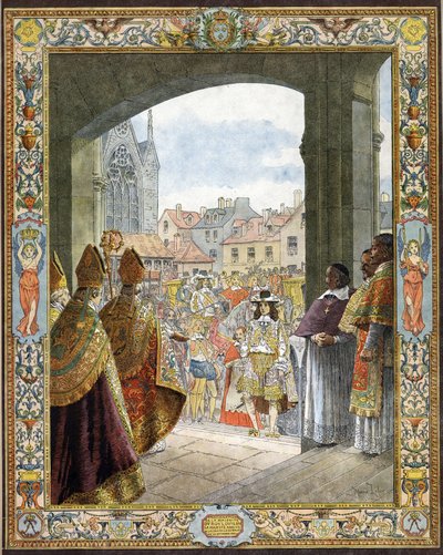 Anlände till Sainte-Chapelle (Sainte Chapelle) för proklamationen av hans majoritet av kungen av Frankrike Ludvig XIV känd som Le Roi-Soleil (kung Soleil eller Ludvig den Store av Maurice Leloir