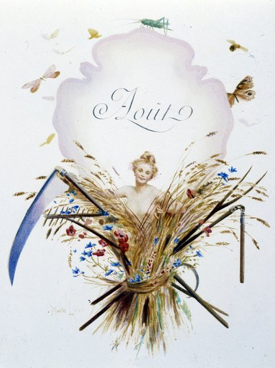 Augusti ""Månadens sång"" av Jérôme Doucet, illustration - Maurice Leloir, red. Reims 1904. L. Michaud av Maurice Leloir
